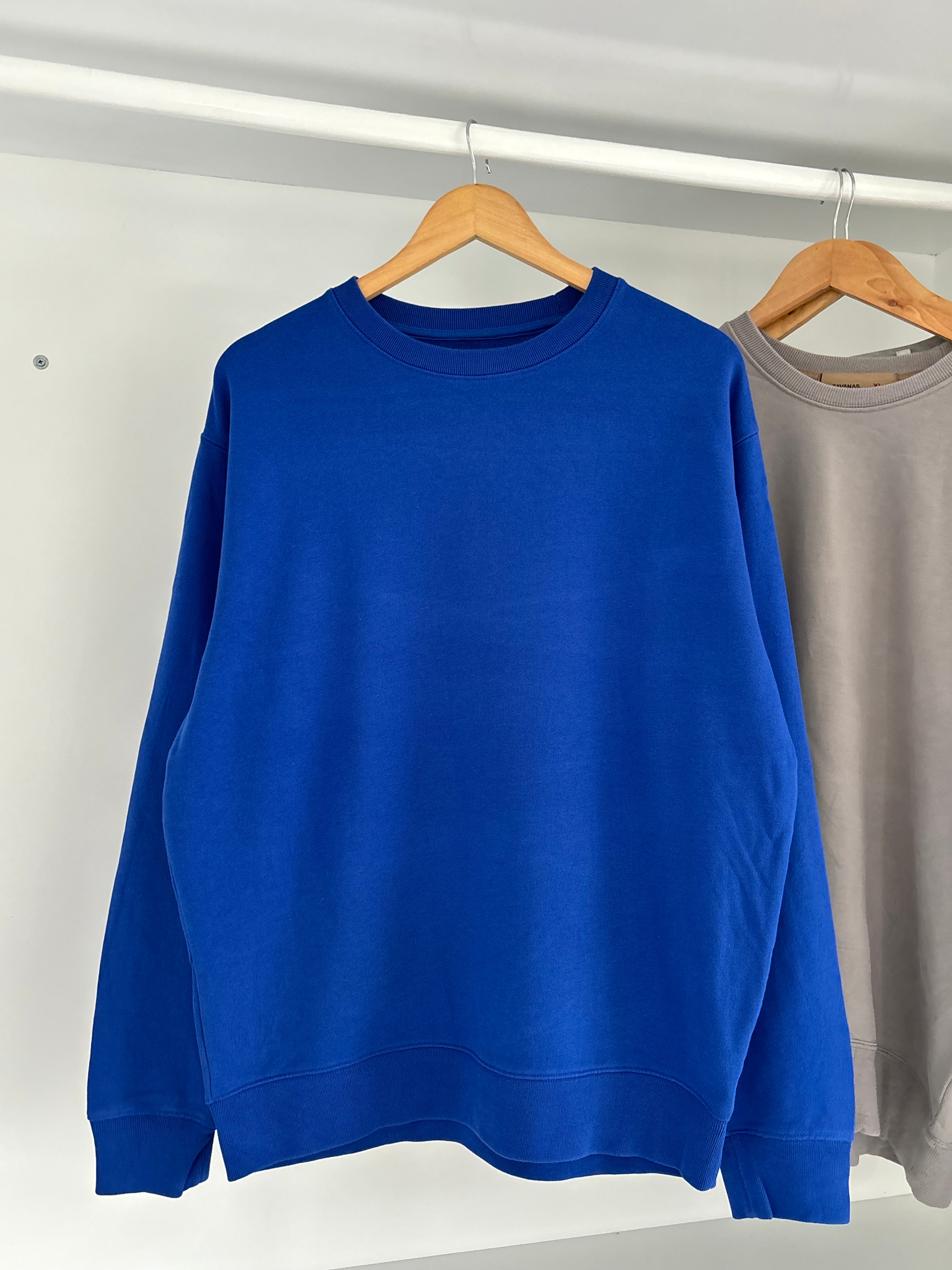 Solid blue sweatshirt.